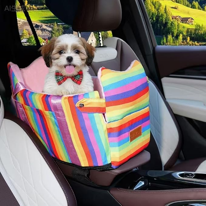 Console Dog Car Seat for Small Dogs to 15lbs (Rainbow Stripes) | Center Console Puppy Booster and Portable Travel Bed, Anti-Collapse Design with Washable Fluffy Cushion by HANMEIANINC