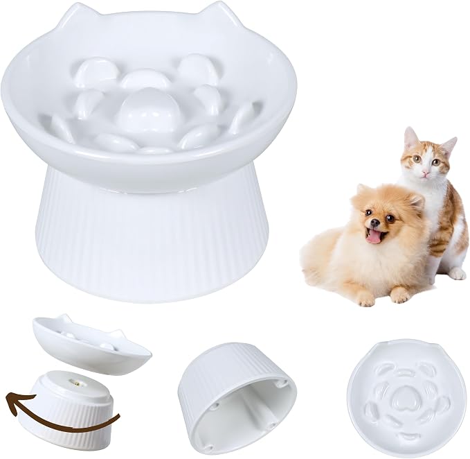 Unbreakable Raised Cat Bowls,Detachable Slow Feeder Pet Bowl, Heavy Weighted, Non-Slip Feeder, Elevated Small Dogs Slow Feeders, Dry & Wet Food, Whisker Friendly(White; 6.2'') by FullCharm