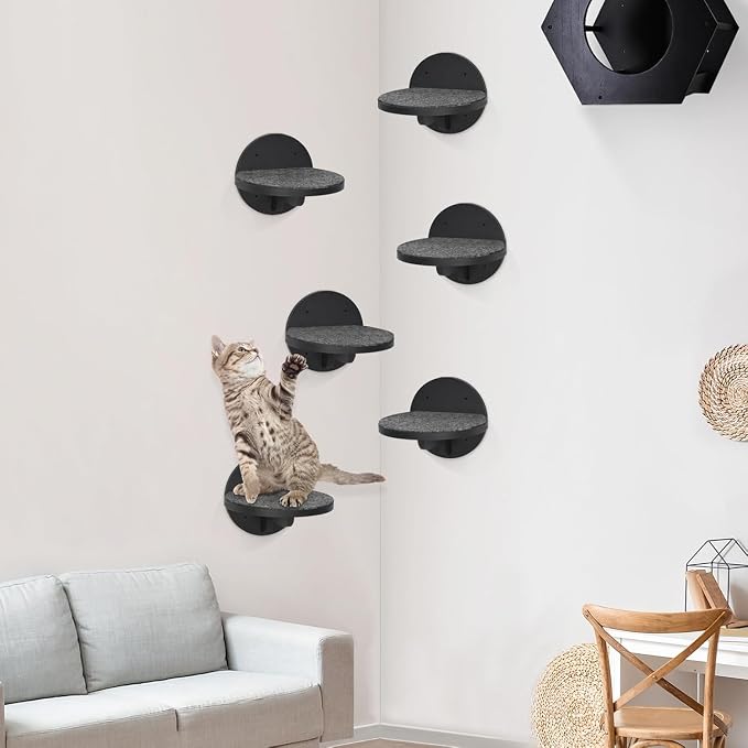 Cat Wall Shelves Furniture Set of 6, Wooden Cat Steps for with Scratching Pad, Sturdy Floating Climber Ladder Stairs, Cats Climbing Wall Systems for Cats Sleep Climb Play - Image 7