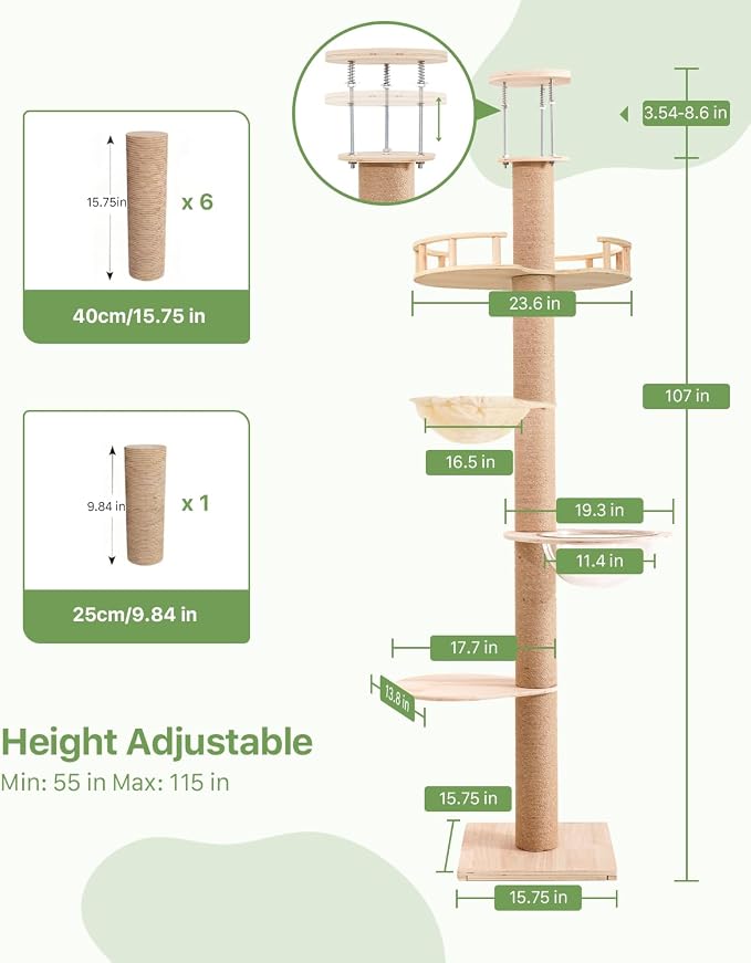 4 Level Floor to Ceiling Cat Tree,55-115in Adjustable Height Tall Cat Tower | Space-Saving Design, Heavy Duty Plywood Cat Pole with Jump Platform, Hammock & Capsule - Image 2