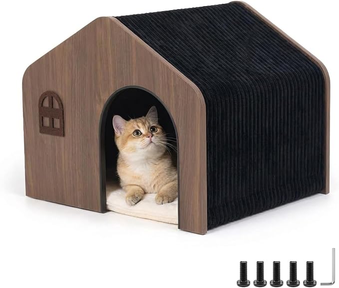 Modern Wooden Indoor Cat House - E0 Grade Enclosed Cat Cave Bed | Eco‑friendly non‑toxic washable cushion, walnut finish matches home decor, fits cats up to 20 lbs, easy assembly by Unknown