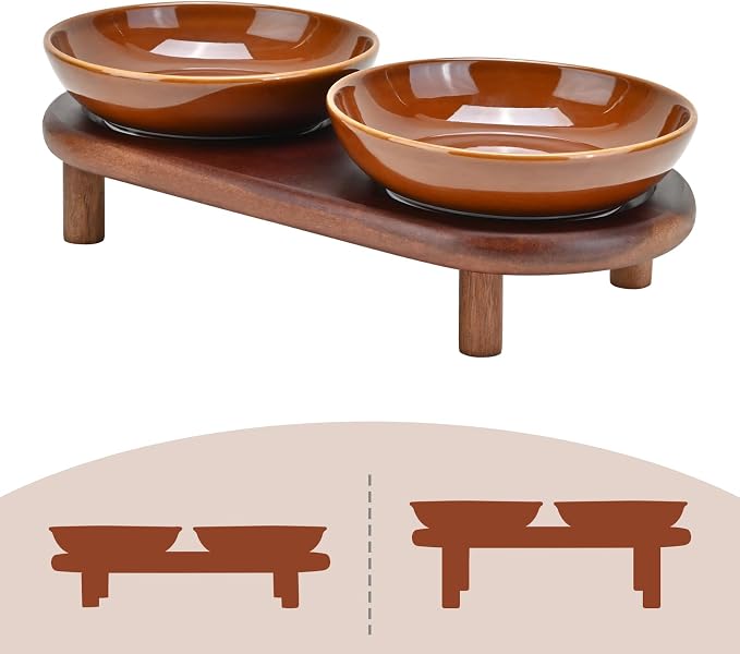 SPUNKYJUNKY Extra Wide Elevated Ceramic Cat Bowl with Acacia Wood Stand Whisker Friendly (Cat Paw Pattern, Brown) by SPUNKYJUNKY