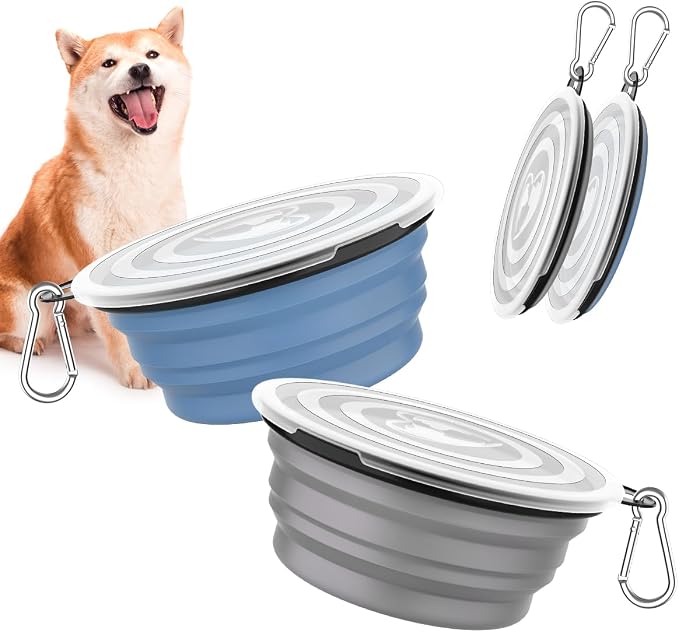 Pawaboo Collapsible Travel Dog Bowls 2 Pack with Lids&Carabiners Silicone | Feeding Watering Bowls for Dogs Cats, Collapsable Water Feeder Food Bowl for Walking Traveling Home Use, Blue + Grey by Pawaboo