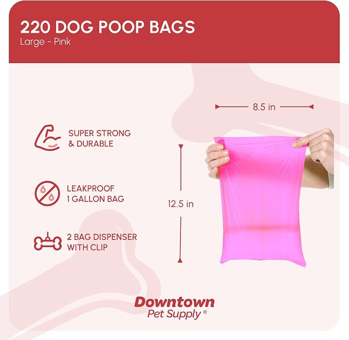 Downtown Pet Supply Poop Bags for Dogs with Dispenser, 220 Count - Leak-Proof Dog Waste Bags and Bone-Shaped Dog Poop Bags Holder for Leash - Pink, 12.5" x 8.5" - Image 2