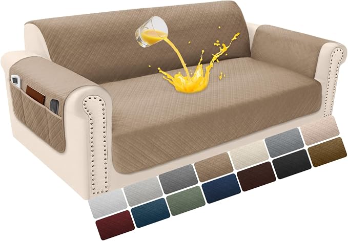 Velvet 100% Waterproof Loveseat Covers Washable Love Seat Couch Covers for 2 Cushion Couch Sofa Pet Friendly Sofa Slipcovers Dogs Furniture Protector with Pockets (Medium-XL, Light Brown) by YUEVELLASofaCover
