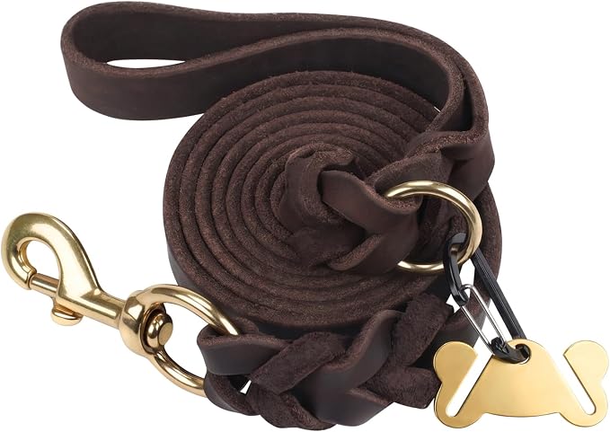 Taglory Leather Dog Leash for Large Medium Dogs, Hand-Braided, 4FT Brown | Strong for Training & Everyday Walks, Soft Grip Full Control, Hands-Free Poop Bag Holder, Rotating Brass Clasp, 3/4 INCH by Taglory