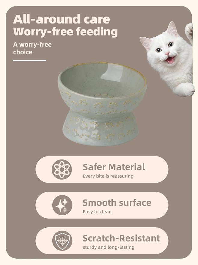 Ceramic Tilted Elevated Small Cat Bowl, for Fat Faced Cat, Kitten, Grey | 15° Tilted Elevated Design,5oz Small Meal Capacity,Chin-Friendly Ceramic,Paw Print - Image 3