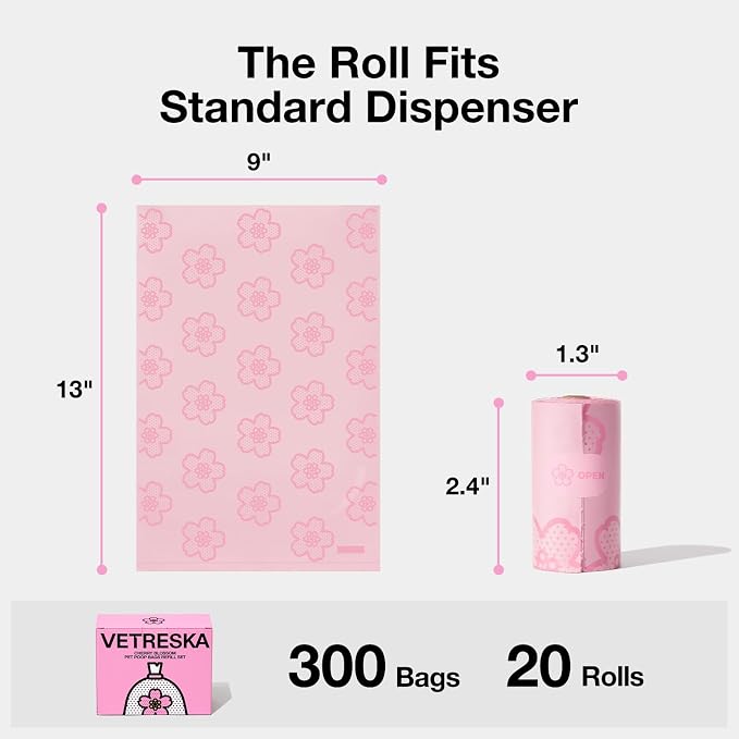 VETRESKA Cherry Blossom Scented Dog Poop Bags, Leak Proof, 300 Counts | Extra Thick and Large Pet Waste Bags for Dog Walking and Cat Litter, 20 Refill Rolls - Image 6
