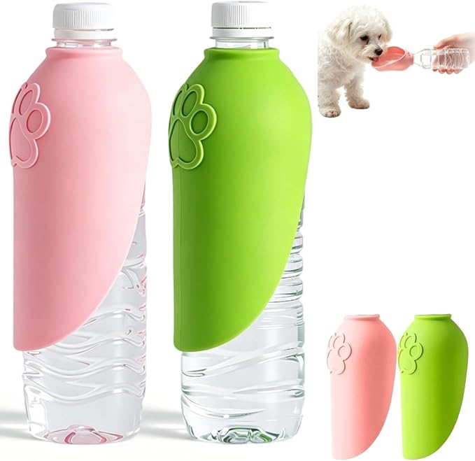 2PCS Portable Dog Water Bottle Attachment, Silicon Slip-On Pet Water Bowl, Foldable Leak Proof Dog Drink Dispenser Adapter for Outdoor Walking Hiking Travel (Green+Pink) by Unknown