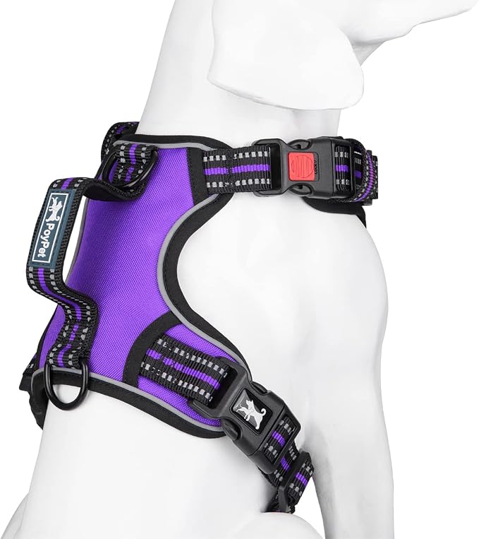 PoyPet No Pull Dog Harness with 3 Leash Clips and Vertical Handle | No Choke, Reflective, Adjustable, Soft Padded, Dog Vest for Large Dogs, Walking Training, Purple, XL - Image 2