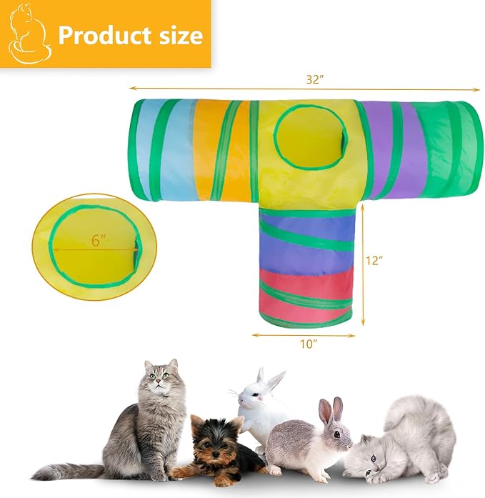 Cat Tunnel, Collapsible Tube with 1 Play Ball Kitty Toys, 3 Ways Cat Tunnels for Indoor Cats, Puppy, Kitty, Kitten, Rabbit (Rainbow) - Image 3
