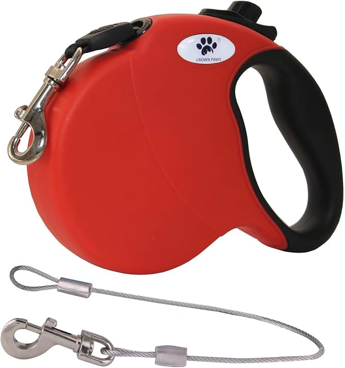 16ft Retractable Dog Leash for Large Breed Dogs up to 110 lbs with a Detachable Chew Proof Extender Wire Ropes (Red L) by CROWN+PAWS