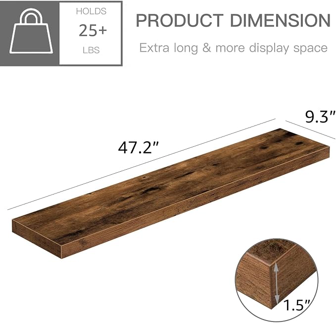 QEEIG Floating Shelves for Wall 47.2" Extra Long - Wall Shelf Bathroom Kitchen Living Room Bedroom Farmhouse Home Decor Display Bookshelf Large 47.2 x 9.3 inch Set of 2, Rustic Brown (008-120BN) - Image 3