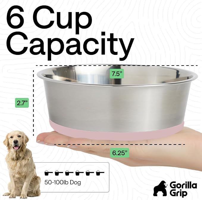 GORILLA GRIP Dog Bowls, Food Grade Stainless Steel, Set of 2, 6 Cup, Pink | 304 Stainless Steel Pet Feeding Bowls Hold 48 fl oz Each, Dishwasher Safe, Rust Resistant, BPA Free Rubber Base - Image 4