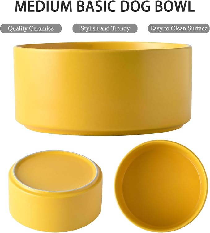 Ceramic Set of 2 Dog Bowls - Classic Dogs Food & Water Bowl for Small and Medium Breed, Heavy-Duty Non-Slip Dog Dishes, Food Grade Pet Bowl, Dishwasher & Microwave Safe (6'', 2*30OZ, Yellow) - Image 2