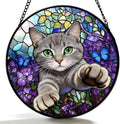 Stained Glass Window Hanging Cat Suncatcher with Butterfly Design, Round Window Hanging Decor, Colorful Sun Catcher for Home, Garden & Gifts for Cat Lovers by qzmaikoo