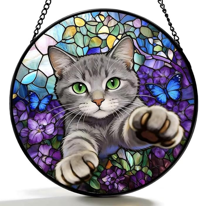 Stained Glass Window Hanging Cat Suncatcher with Butterfly Design, Round Window Hanging Decor, Colorful Sun Catcher for Home, Garden & Gifts for Cat Lovers by qzmaikoo