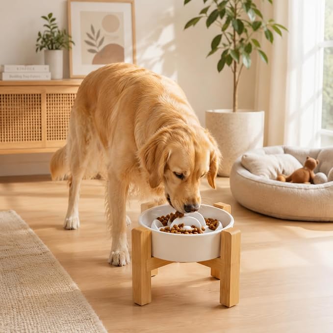 Elevated Ceramic Slow Feeder Dog Bowls Anti-Choking Slow Feeding for Small&Medium Size Anti-Slip Non-Lead & Toxic Durable Easy to Clean Maze Slow Feeder Bowl（8.26in White Flower Pattern） - Image 6