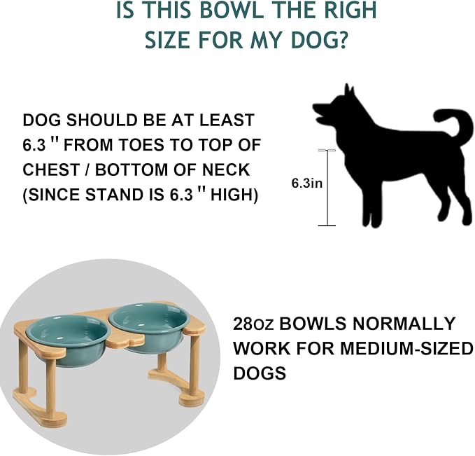 Ceramic Elevated Dog Bowls, Raised Pet Food and Water Bowl Set, Dark Green | Feed Tray For Small and Medium Breeds, 6.9" Wide Double Modern Porcelain Bowls, 6.3" High Wooden Stand, Non-Slip, 28Oz/800ML - Image 7