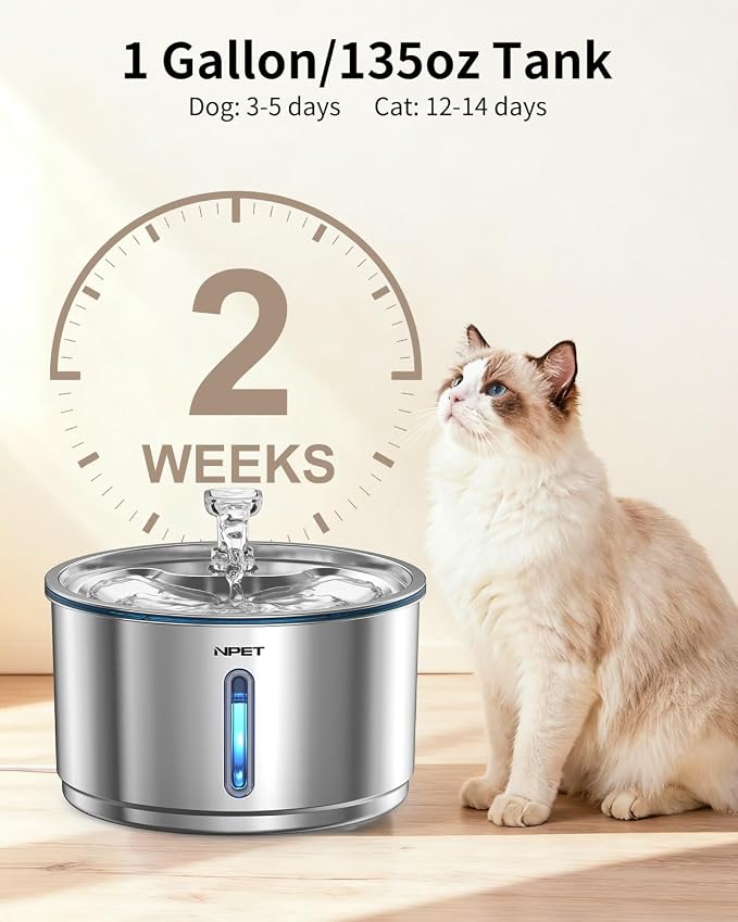 NPET Cat Water Fountain Stainless Steel 1Gallon/135oz WF210Plus | Automatic Pet Drinking Fountain, Dog Water Dispenser Bowl, Water Level Window, For Cats Indoor - Image 2