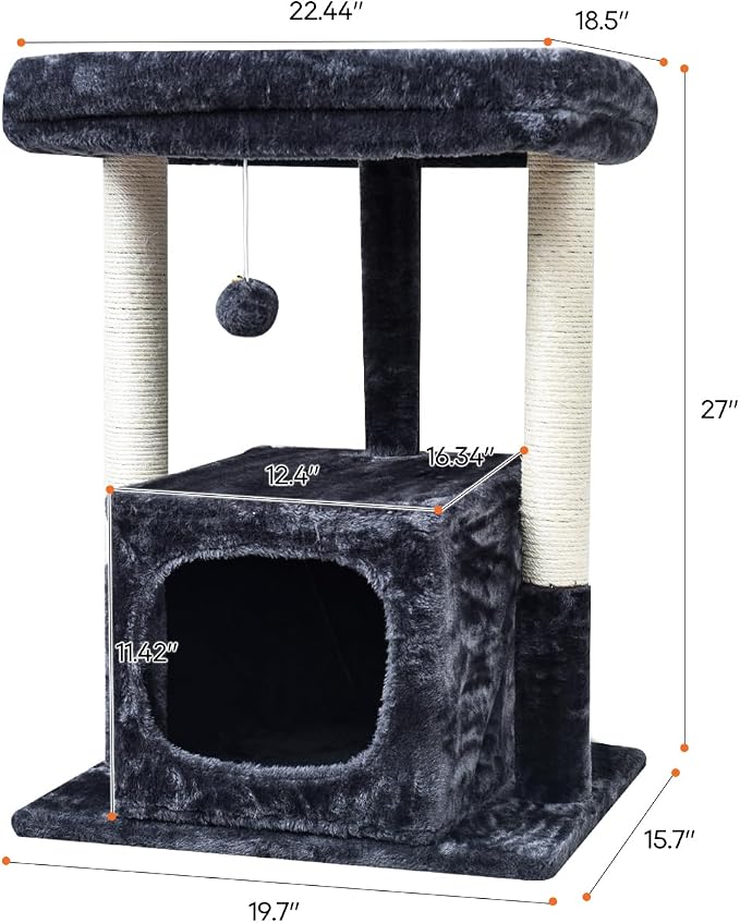 SYANDLVY 27IN Cat Tree for Indoor Cats Large Adult, Modern Activity Tower | Scratching Posts, Condo with Plush Perch, Climbing Stand with Spring Ball for Play, Smoky - Image 3