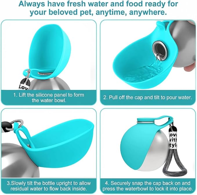 Dog Water Bottle Portable, 2 in 1 Stainless Steel 10oz Dog Water Bowl, Blue | Leak-Proof Pet Water Dispenser for Small & Medium Dogs, Pet Drinking Holder for Walking Hiking Outdoor Activities - Image 7