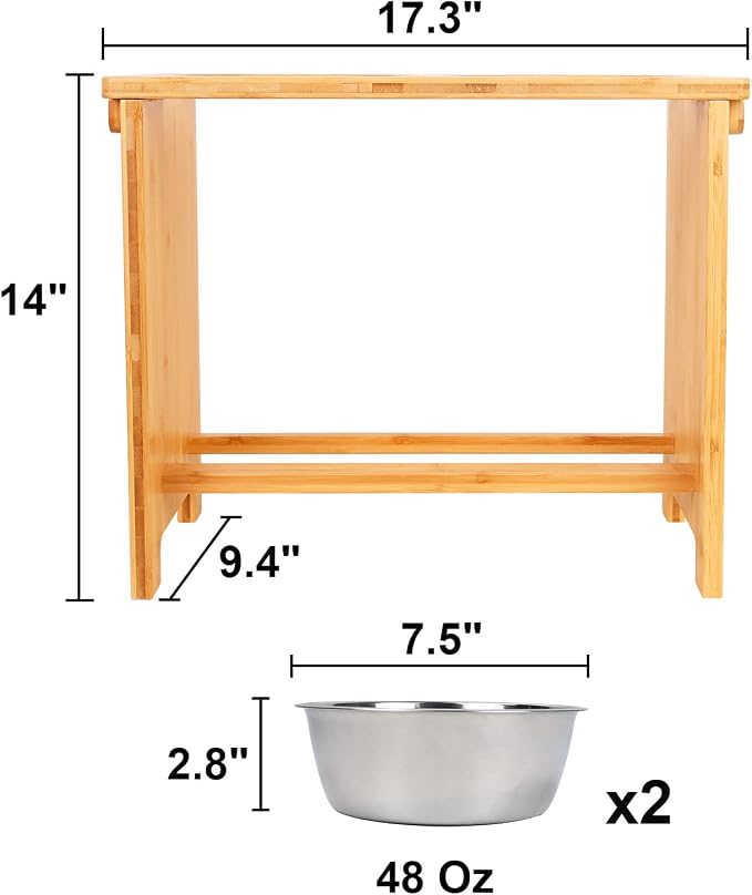 HTB Elevated Dog Bowl Stand with 2 Stainless Steel Bowls-14 H XLarge Bamboo | Raised Dog Bowl Stand, 14"tall, 48 Oz Bowls, for Large Sized Dogs, Pet-safe, Solid Bamboo - Image 5
