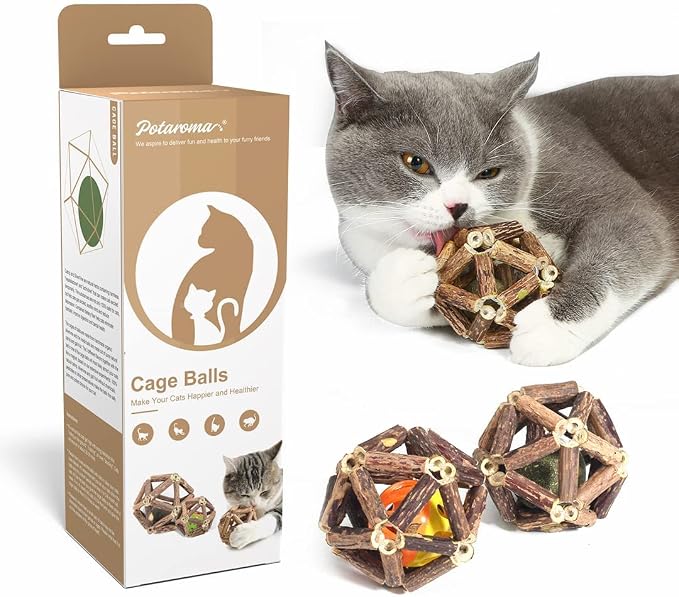 Potaroma Catnip Toys, 3Pcs Cat Toys Natural Silvervine Stick Cage Balls & Bell Ball for Indoor Cats, Kitten Cleaning Teeth Molar Matatabi Cat Chew Toy All Breeds | Kitten Cleaning Teeth Molar Matatabi Cat Chew Toy for Indoor Cats All Breeds with Bell by Potaroma