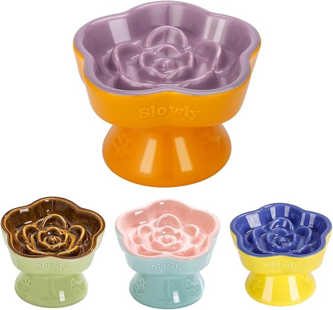 S&Q's Ceramics Raised Slow Feeder Cat Bowl, Ceramic Elevated Food Bowl Small Dogs Slow Feeder, Flower Shaped Cute Pet Dish for Dry and Wet Food (Purple, 5.8") by SQsCeramics