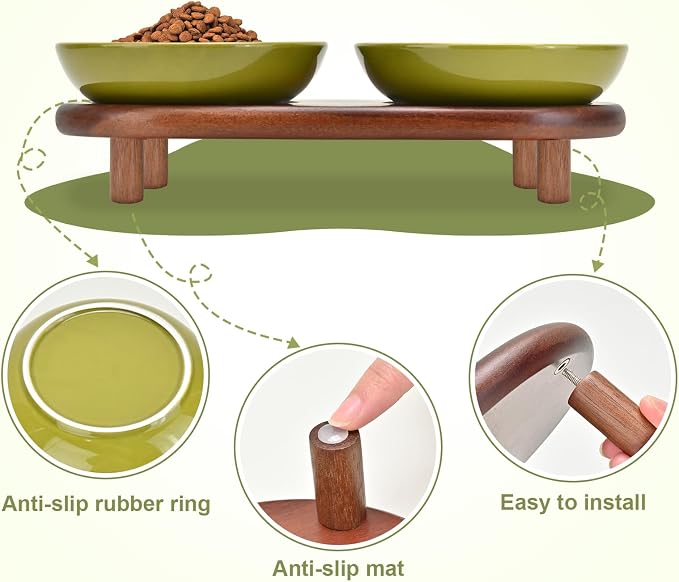 SPUNKYJUNKY Extra Wide Elevated Ceramic Cat Bowl with Acacia Wood Stand Whisker Friendly (Cat Paw Pattern, Green) - Image 5