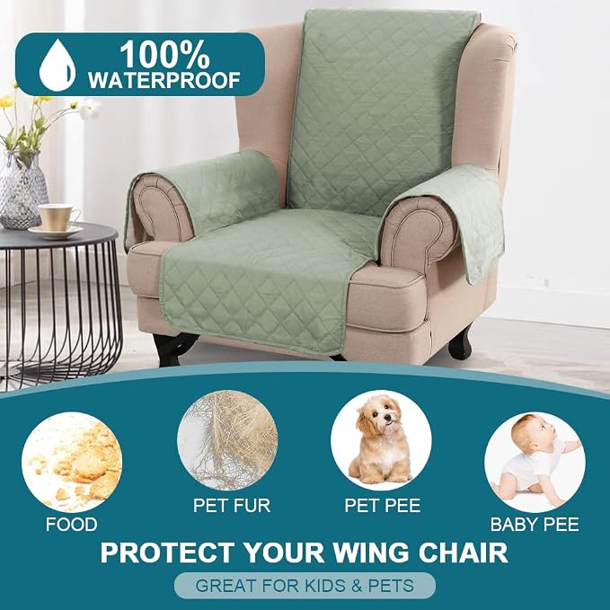 Turquoize 100% Waterproof Wing Chair Cover Wing Armchair Slipcovers Chair Couch Protector Triple Non-Slip Sofa Slipcover for Wing Chair Furniture Protector for Pets, Kids,Dog (Wing Chair, Sage) - Image 2