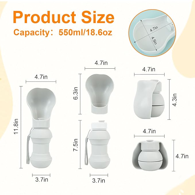 Dog Water Bottle,Portable Water Bowl for Dog,Collapsible Food Grade Silicone,Travel Pet Water Bottle for Outdoor Walking, Hiking, Camping,Gray - Image 2