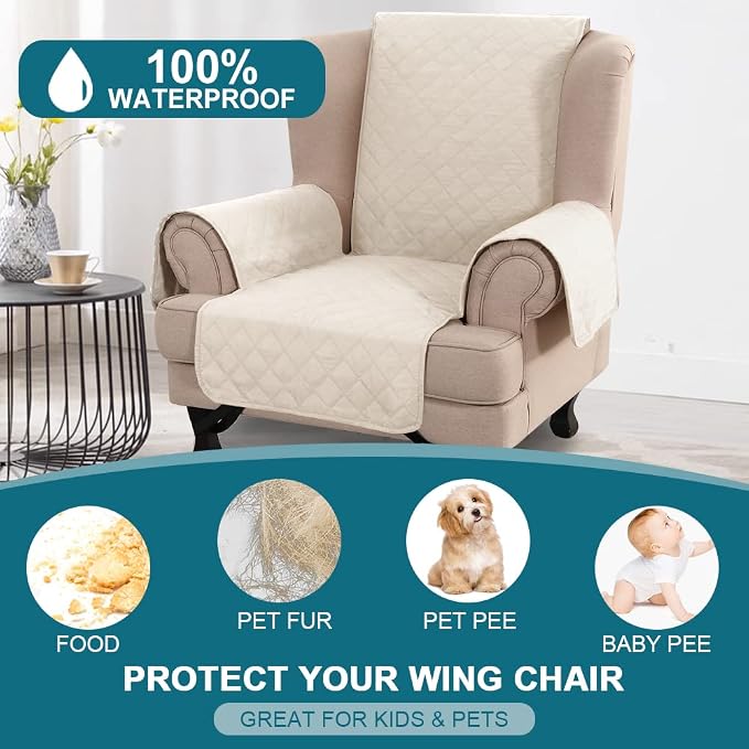 Turquoize 100% Waterproof Wing Chair Cover Wing Armchair Slipcovers Chair Couch Protector Triple Non-Slip Sofa Slipcover for Wing Chair Furniture Protector for Pets, Kids,Dog (Wing Chair, Ivory) - Image 2