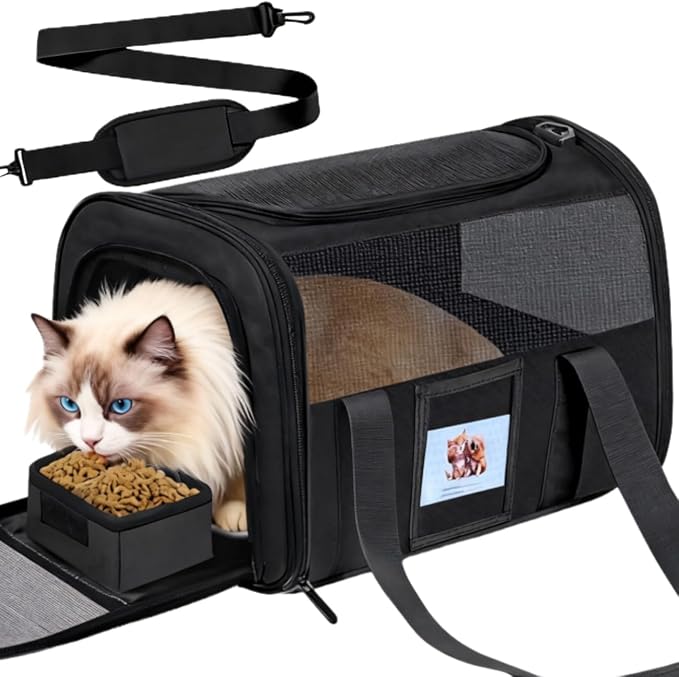 Soft Cat Carrier with Detachable Food Bowl,Pet Travel Bag (Up to 16 lbs) | Puppy Crate with Lockable Zippers,Airline Travel for Small Dog,Kitten,Animal,Breathable Mesh Kennel,Carrying Case,Black by Unknown