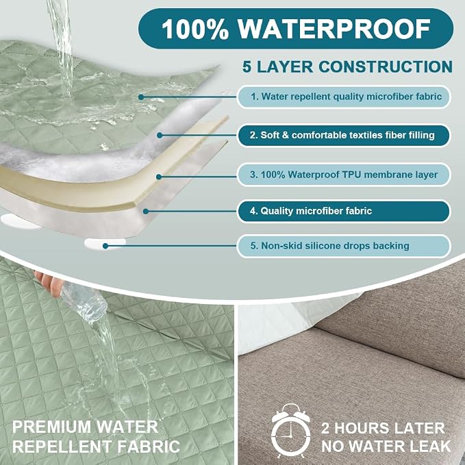 Turquoize 100% Waterproof Futon Cover Futon Slipcover Washable Armless Sofa Bed Slipcover Protector Seat Width Up to 70" with Adjustable Elastic Strap Anti-Slip for Dogs, Sage - Image 3