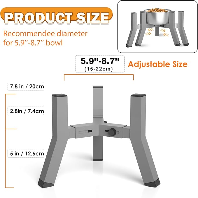 SHAINFUN Raised Dog Bowl Stand, Adjustable Width 5.9-8.7'', Eelevated Dog Food Water Bowls, 7.8'' Tall, Grey-Bowl Not Included - Image 3