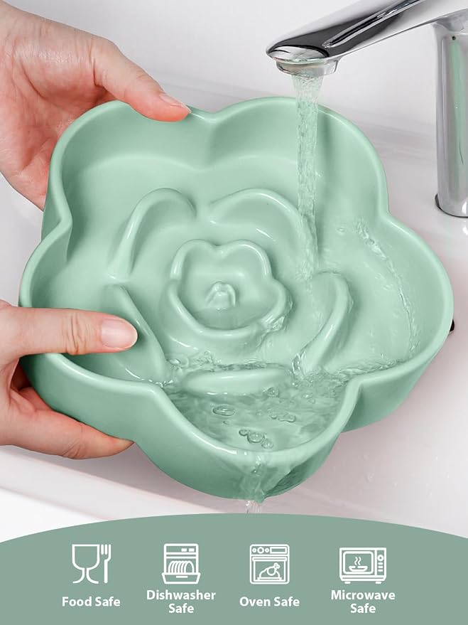 Ceramic Slow Feeder Dog/Cat Bowl 8" 11.3oz Medium Large | Anti-Choking Slow Food Bowls, Slow Feeder for Large Breeds, Plum Puzzle Design, Non-slip Silicone, Dishwasher Safe, Green - Image 7