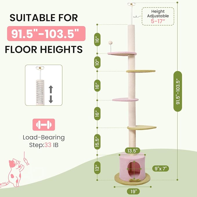 Max & Marlow 95-108" Floor to Ceiling Adjustable Cat Tree, Pink | 4 climbing platforms, sisal scratching post, Space Saving, Stable Tension Pole, Tower for indoor cats - Image 7