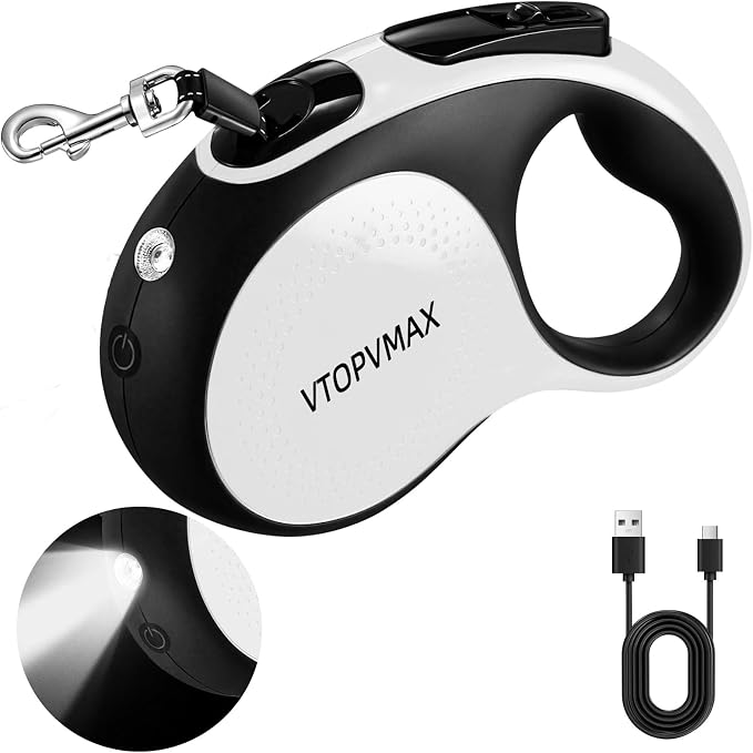 16Ft Retractable Dog Leash - for Small to Medium Dogs Up to 66lbs, Heavy Duty Retractable Leash with Light Rechargeable, Quick Lock Braking & Non-Slip Handle (White) by Homesuppliesanddogsupplies
