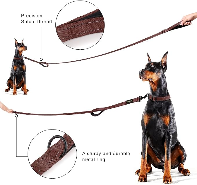 Plutus Pet Double Handle Dog Leash, 5 FT Long, for Medium Large Dogs | Reflective Nylon, Soft Padded 2 Handles, Heavy Duty for Training, Dual Handle Lead, 5 FT x 1”, Chocolate - Image 6