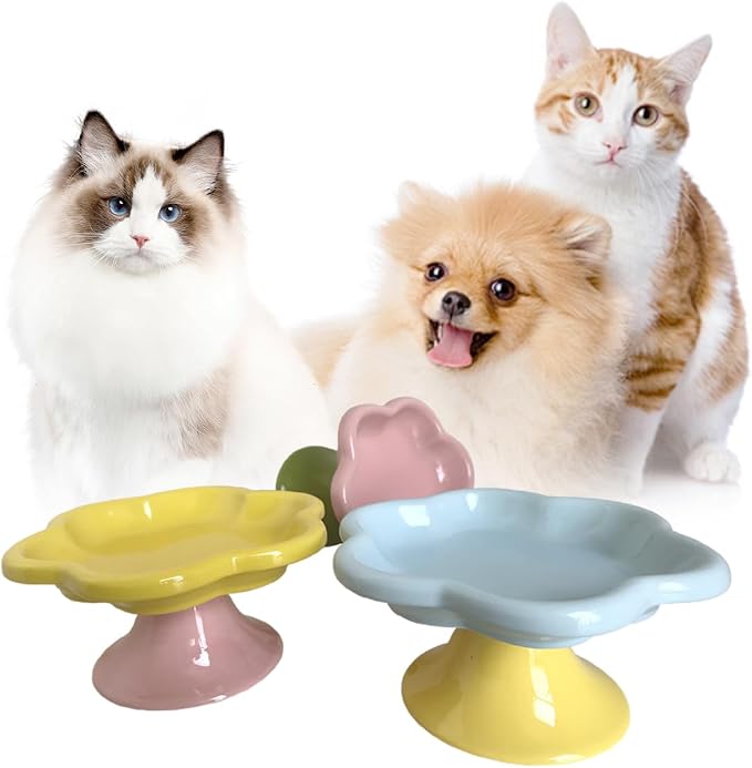 Ceramic Elevated Cat Bowls Flower Dish,Small Raised Dish.Flower Ceramic Raised Bowls for Cats and Small Dogs reducing pet’s Neck Bending and Pressure （Blue Yellow） - Image 2