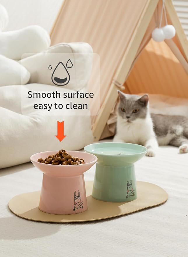6.5 Inch Extra Wide Ceramic Elevated Cat Bowls, Raised Pet Bowl Set | Whisker Fatigue, for Elder Big Cats Small Dogs, Set of 2, Green & Pink - Image 2