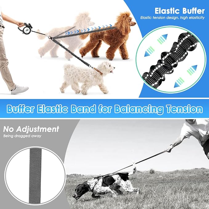 AUTOWT Double Dog Leash, No Tangle 360° Swivel Rotation Reflective Lead Attachment Bungee Extension Length Dual Two Dog Lead Splitter, Comfortable Shock Absorbing Walking Training for 2 Dogs - Image 2