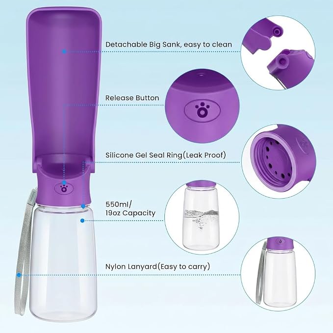 Portable Dog Water Bottle for Walking – 19oz / 12oz Foldable Pet Water Dispenser for Puppies, Medium & Large Dogs – Leak Proof Travel Water Bowl for Small Animals Dog Accessories (12OZ Purple) - Image 2