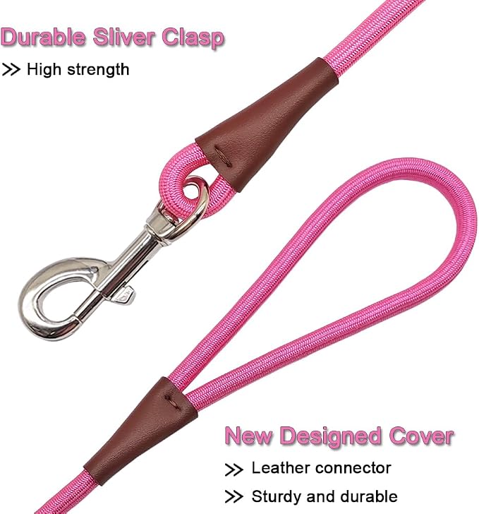 MayPaw 4/6/8/10FT Rope Dog Leash, 6 Classic Solid Colors Strong Nylon Leash | 1/2-Inch Thick Training Lead for Medium Larges Reinforced with Leather Tailor Connection Heavy Duty Silver Clasp (10ft, pink) - Image 3