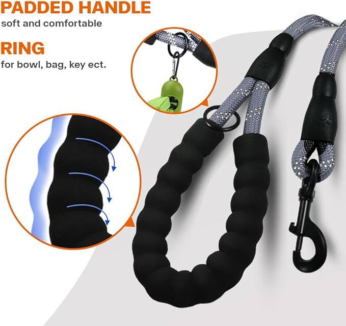 Taglory Rope Dog Leash for Medium Large Dogs, 4 FT Padded Handle, Grey | Climbing Rope for Strong Pullers, Reflective for Night Walks and Training, Comfortable Grip, Anti-tangle Swivel Clip 1/2 inch - Image 4