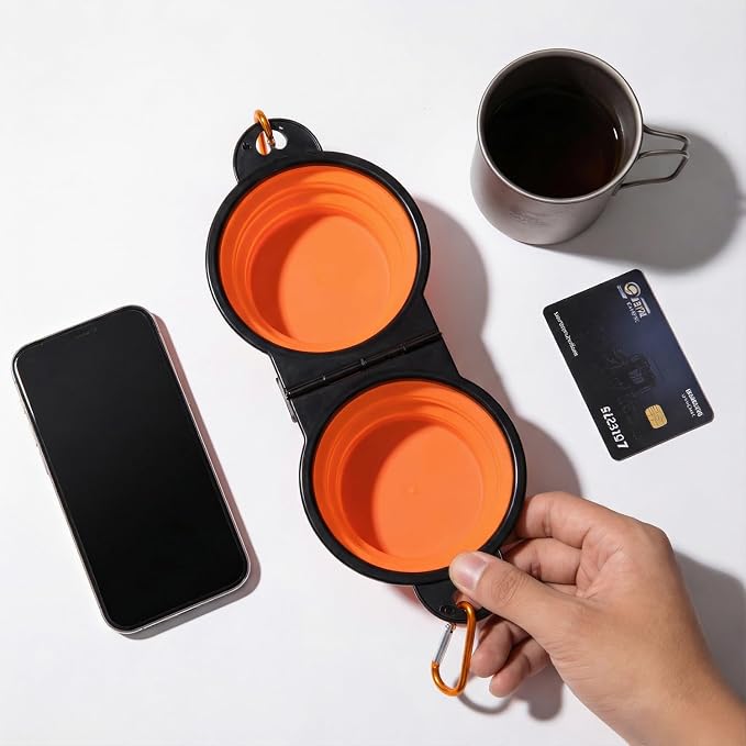 Double Collapsible Dog Bowls for Travel, Food & Water with Clip, Orange | 13.5 oz each, folds flat, carabiner clip, walking, hiking, camping, for small and medium pets - Image 6