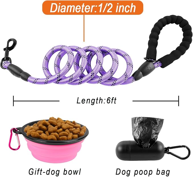 BARKBAY Dog Leashes for Large Dogs Heavy Duty Dog Leash 4/5/6 FT with Comfortable Padded Handle and Highly Reflective Threads for Medium Large Dogs Walking Training Running (6FT-1/2,Violet Purple) - Image 6