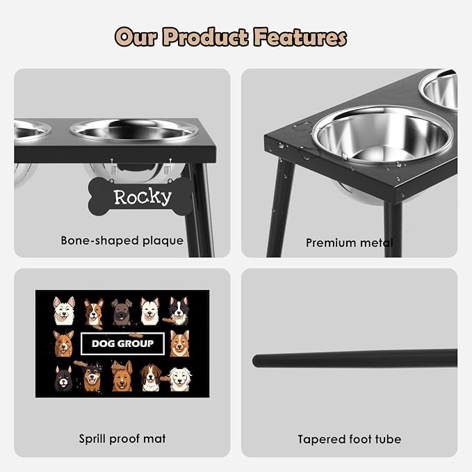 ADENGL Metal Raised Dog Bowl Stand for Large and Medium Dogs, Elevated Dog Bowls with Sprill Proof Mat ＆ Slow Feeder, Pet Food Bowls 10" Tall Dogs Feeder (58OZ-Stainless Steel Pet Bowl, Mat-16x24in) - Image 3