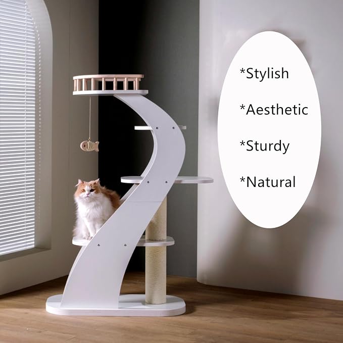 SHENGOCASE Modern Stylish 52.4 inches Tall Wooden Cat Tree Tower, Aesthetic Cat Condo Ladder with 5-Level Big Perch Platform Bed for Window Viewing Watching Large Cat Maine Coon - Image 9